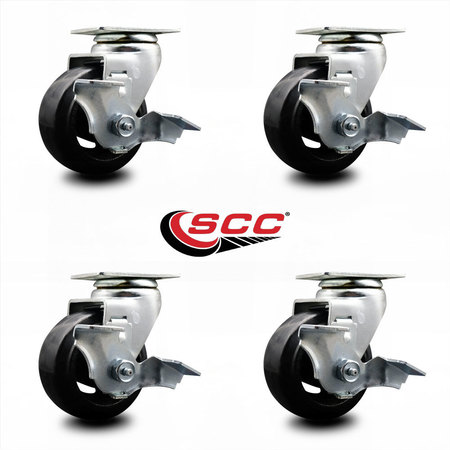 Service Caster 4 Inch Rubber on Cast Iron Swivel Caster Set with Ball Bearings and Brakes SCC-20S420-RSB-TLB-4